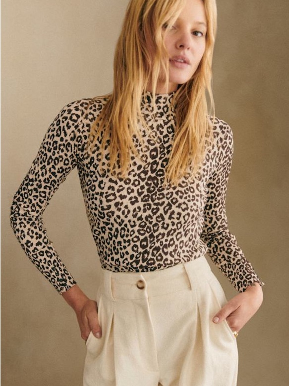 Sezane Leopard Felix Jumper Fitted Top Bodycon High Neck Cotton Brown Size Small